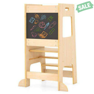 Toddler Kitchen Step Stool with Activity Chalkboard and Adjustable Height-Natural Toddler & Kids Furniture