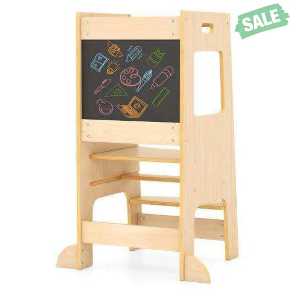 Toddler Kitchen Step Stool with Activity Chalkboard and Adjustable Height-Natural Toddler & Kids Furniture