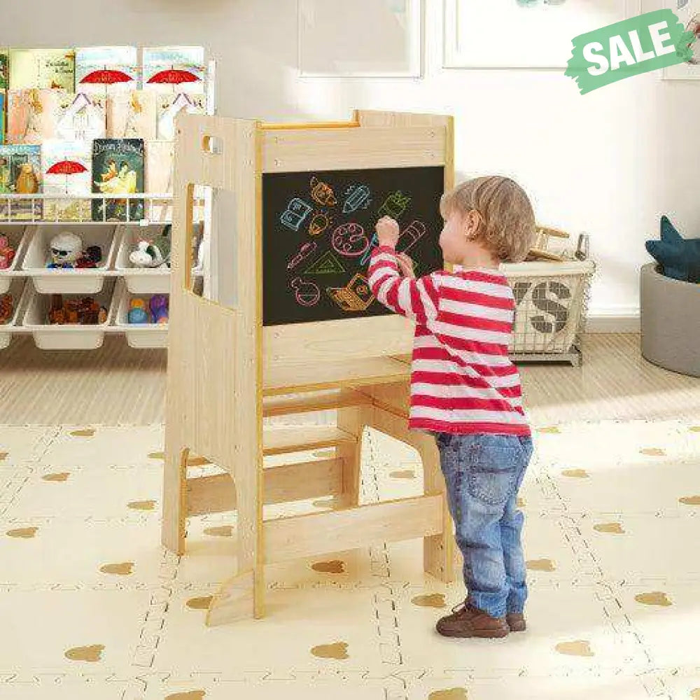 Toddler Kitchen Step Stool with Activity Chalkboard and Adjustable Height-Natural Toddler & Kids Furniture