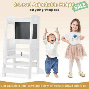 Toddler Kitchen Step Stool with Activity Chalkboard and Adjustable Height-Natural Toddler & Kids Furniture