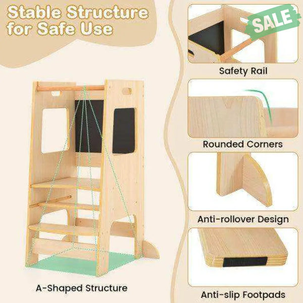 Toddler Kitchen Step Stool with Activity Chalkboard and Adjustable Height-Natural Natural Toddler & Kids Furniture