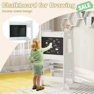 Toddler Kitchen Step Stool with Activity Chalkboard and Adjustable Height-Natural Toddler & Kids Furniture