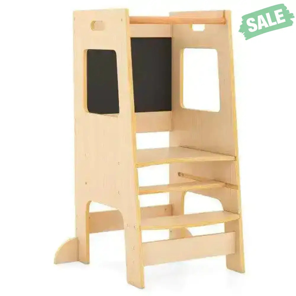 Toddler Kitchen Step Stool with Activity Chalkboard and Adjustable Height-Natural Toddler & Kids Furniture