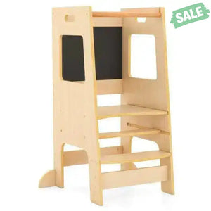 Toddler Kitchen Step Stool with Activity Chalkboard and Adjustable Height-Natural Toddler & Kids Furniture