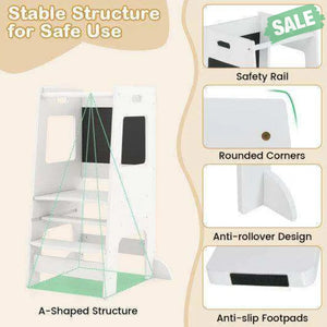 Toddler Kitchen Step Stool with Activity Chalkboard and Adjustable Height-Natural White Toddler & Kids Furniture