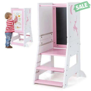 Toddler Kitchen Stool Helper Baby Standing Tower with Chalkboard and Whiteboard-Gray Toddler & Kids Furniture