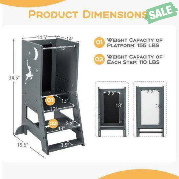 Toddler Kitchen Stool Helper Baby Standing Tower with Chalkboard and Whiteboard-Gray Toddler & Kids Furniture