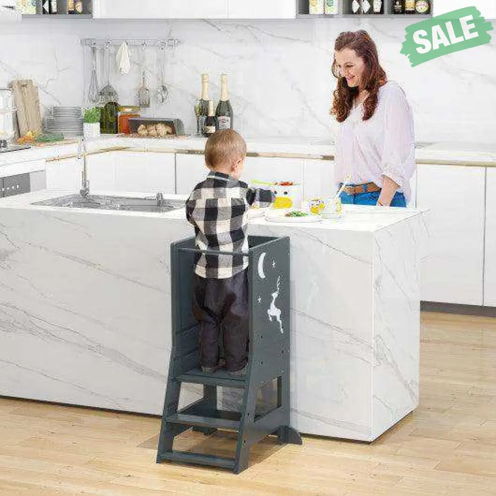 Toddler Kitchen Stool Helper Baby Standing Tower with Chalkboard and Whiteboard-Gray Toddler & Kids Furniture