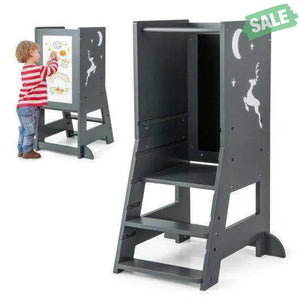 Toddler Kitchen Stool Helper Baby Standing Tower with Chalkboard and Whiteboard-Gray Toddler & Kids Furniture
