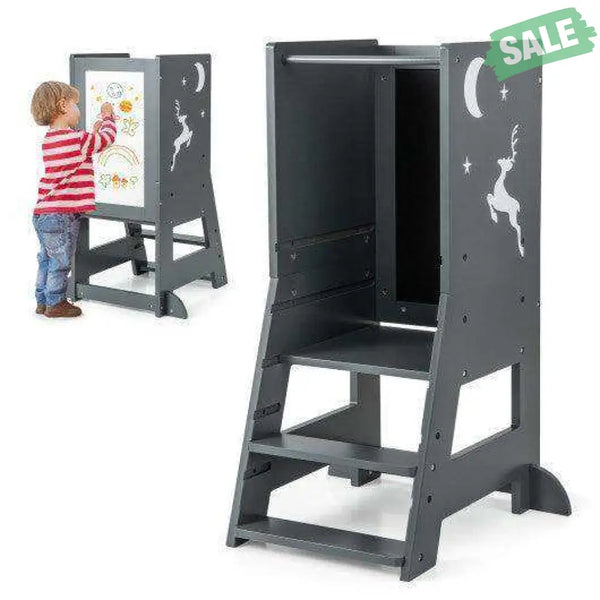 Toddler Kitchen Stool Helper Baby Standing Tower with Chalkboard and Whiteboard-Gray Toddler & Kids Furniture