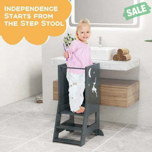 Toddler Kitchen Stool Helper Baby Standing Tower with Chalkboard and Whiteboard-Gray Toddler & Kids Furniture