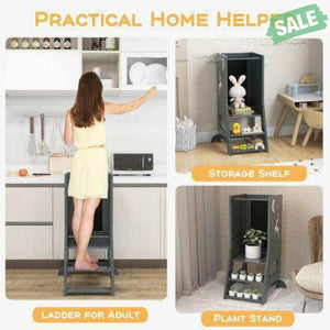 Toddler Kitchen Stool Helper Baby Standing Tower with Chalkboard and Whiteboard-Gray Toddler & Kids Furniture
