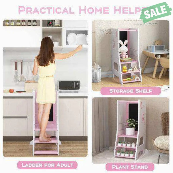 Toddler Kitchen Stool Helper Baby Standing Tower with Chalkboard and Whiteboard-Gray Toddler & Kids Furniture