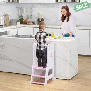 Toddler Kitchen Stool Helper Baby Standing Tower with Chalkboard and Whiteboard-Gray Toddler & Kids Furniture