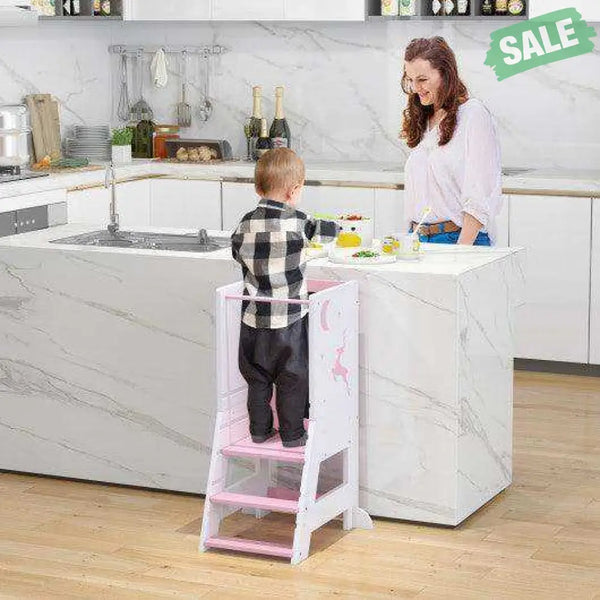 Toddler Kitchen Stool Helper Baby Standing Tower with Chalkboard and Whiteboard-Gray Toddler & Kids Furniture