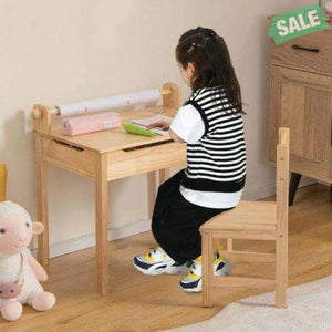 Toddler Multifunctional Activity Table and Chair Set with Paper Roll Holder-Natural Kids Table & Chair Sets