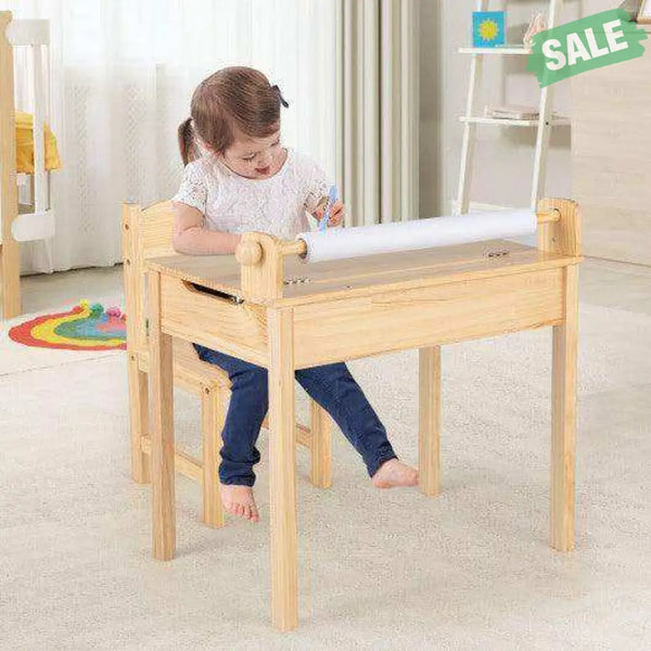 Toddler Multifunctional Activity Table and Chair Set with Paper Roll Holder-Natural Kids Table & Chair Sets
