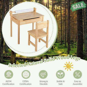 Toddler Multifunctional Activity Table and Chair Set with Paper Roll Holder-Natural Kids Table & Chair Sets
