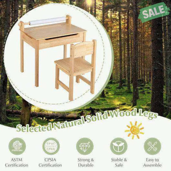 Toddler Multifunctional Activity Table and Chair Set with Paper Roll Holder-Natural Kids Table & Chair Sets