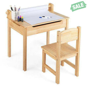 Toddler Multifunctional Activity Table and Chair Set with Paper Roll Holder-Natural Kids Table & Chair Sets