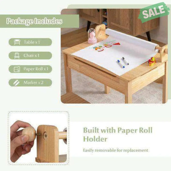 Toddler Multifunctional Activity Table and Chair Set with Paper Roll Holder-Natural Kids Table & Chair Sets