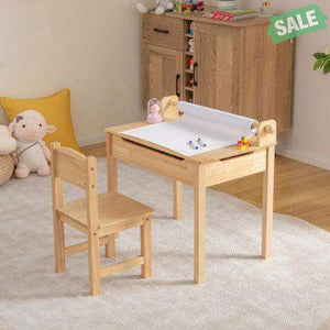 Toddler Multifunctional Activity Table and Chair Set with Paper Roll Holder-Natural Kids Table & Chair Sets