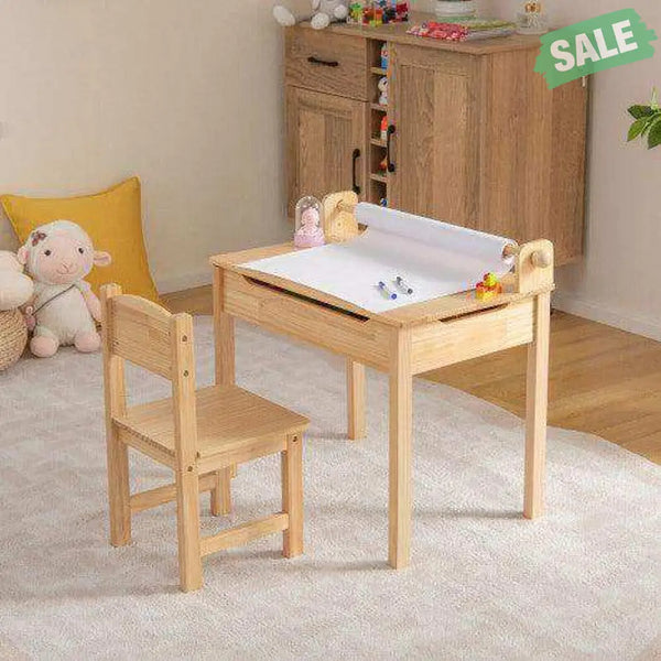 Toddler Multifunctional Activity Table and Chair Set with Paper Roll Holder-Natural Kids Table & Chair Sets