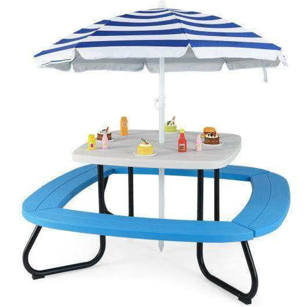 Toddler Outdoor Activity Table with Adjustable and Collapsible Umbrella-Blue White Kids Table & Chair Sets