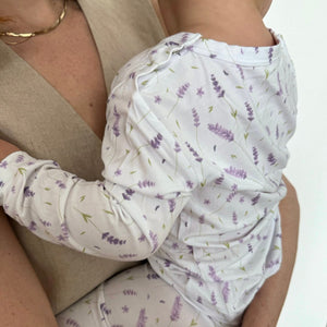 Toddler pajama set in French lavender, cozy and stylish for a good night's sleep. Angle 4 view.