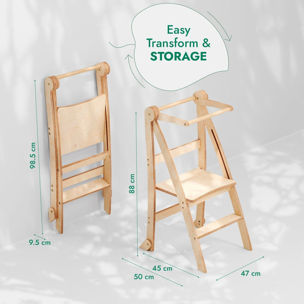 Foldable gray toddler tower step stool for safe and easy access to counters and tables. Ideal for toddlers.