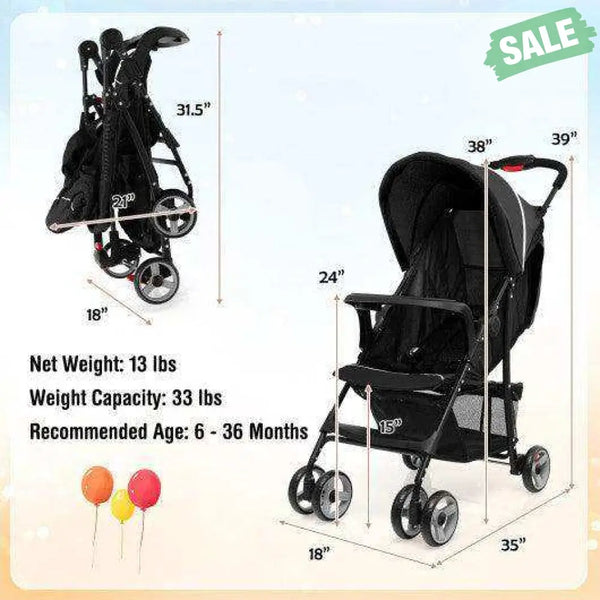 Toddler Travel Stroller for Airplane with Canopy and Adjustable Backrest-Black Black Baby Strollers