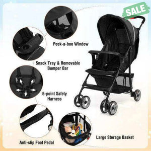 Toddler Travel Stroller for Airplane with Canopy and Adjustable Backrest-Black Black Baby Strollers