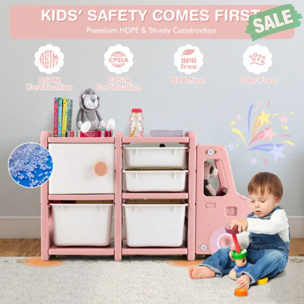Toddler Truck Storage Organizer with Plastic Bins-Gray Kids Storage