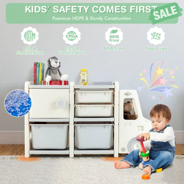 Toddler Truck Storage Organizer with Plastic Bins-Gray Kids Storage
