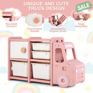 Toddler Truck Storage Organizer with Plastic Bins-Gray Pink Kids Storage