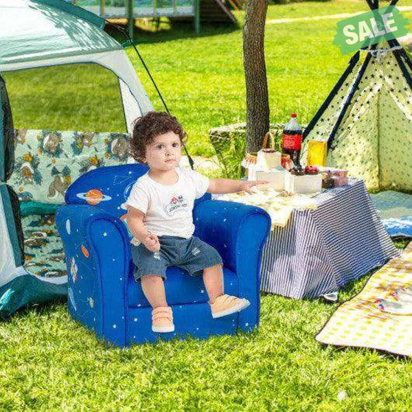 Toddler Upholstered Armchair with Solid Wooden Frame and High-density Sponge Filling-Multicolor Blue Kids Chairs &