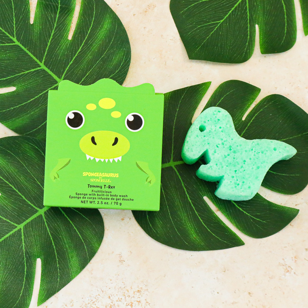 Tommy T-Rex Spongeasaurus Dinosaur Buffer - Fun, body wash infused bath accessory for babies.