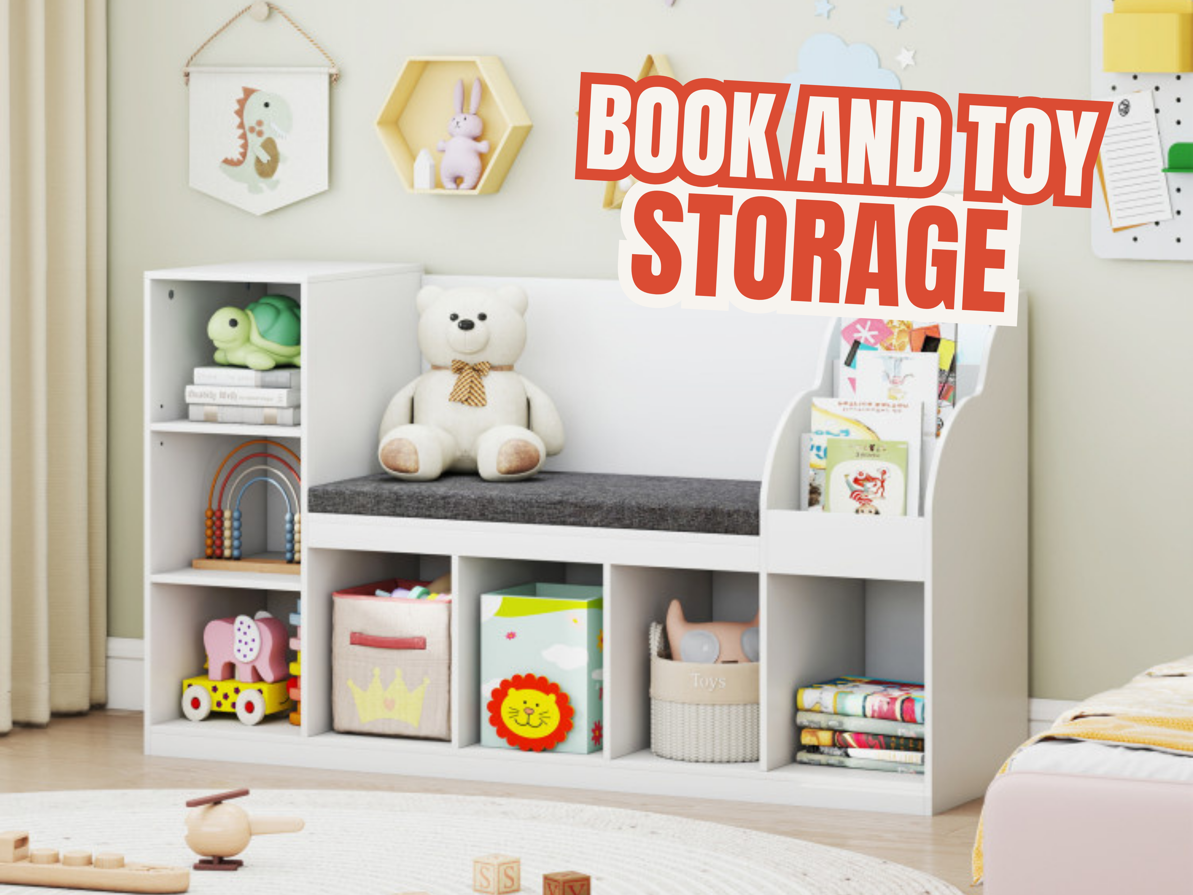 Children's bookshelf with toys and books, labeled 'Book and Toy Storage'.