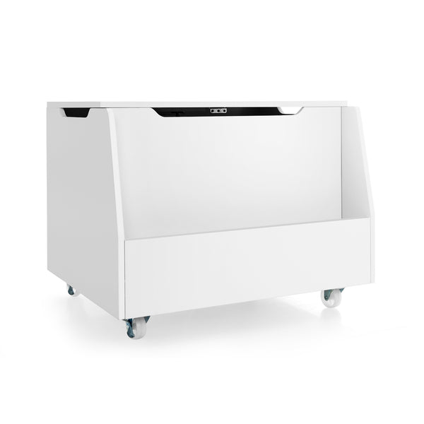 Wooden mobile toy storage organizer with bookshelf and lockable wheels, perfect for baby bedding and sleep essentials.