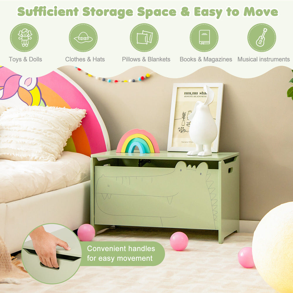 Wooden kids toy box with safety hinge, perfect for organizing toys in a stylish and safe way.