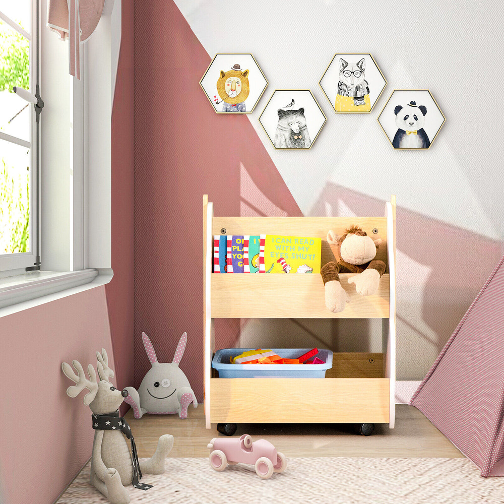 Kids wooden bookshelf on wheels in white, perfect for organizing bedtime stories and enhancing nursery decor.