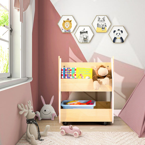 Kids wooden bookshelf with universal wheels in white, perfect for organizing bedding and sleep essentials. Angle 2 view.