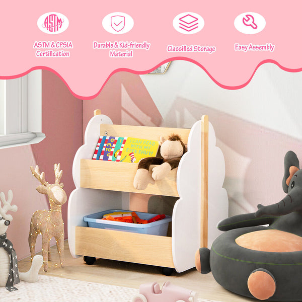 Kids wooden bookshelf with universal wheels in white, perfect for bedding and sleep organization. Angle 7 view.