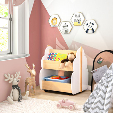 Kids wooden bookshelf on wheels in white, perfect for organizing bedtime stories and enhancing nursery decor.