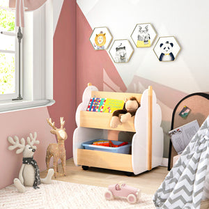 Kids wooden bookshelf on wheels in white, perfect for organizing bedtime stories and enhancing nursery decor.