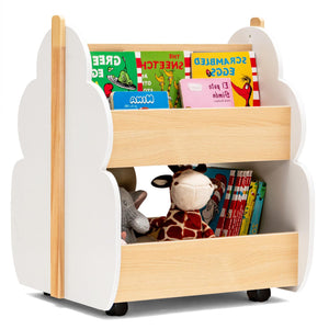 Kids wooden bookshelf with universal wheels in white, angled view, perfect for bedding and sleep organization.