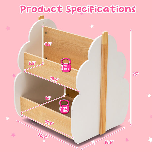 Kids wooden bookshelf with universal wheels in white, angled view for bedding and sleep organization.