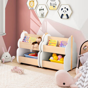 Kids wooden bookshelf with universal wheels in white, perfect for organizing bedding and sleep essentials.