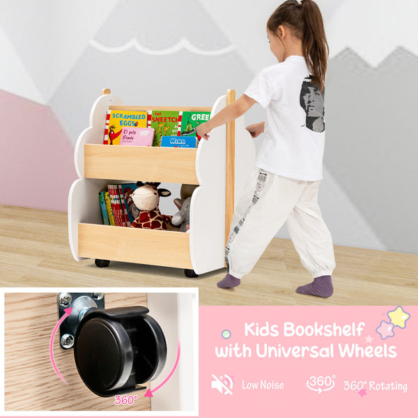 Kids wooden bookshelf on wheels, white finish, perfect for organizing bedding and sleep essentials. Angle 8 view.