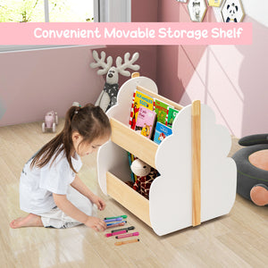Kids wooden bookshelf on wheels in white, perfect for organizing bedding and sleep essentials. Angle 6 view.
